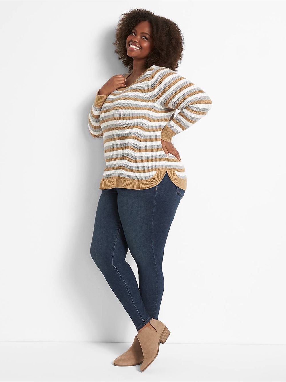 Lane Bryant Curved-Hem Ribbed Striped Sweater in Camel Heather Size 14/16